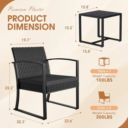 Homall Resin 3 Pieces Patio Furniture Set Outdoor Bistro Set with Cushions and Glass Table Conversation Set Rattan Chair for Po