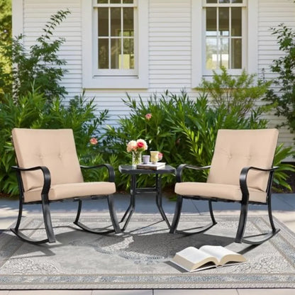 SUNCROWN Outdoor 3-Piece Rocking Chairs Patio Bistro Set Black Steel Furniture with Thickened Cushion and Glass-Top Coffee Tabl