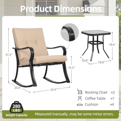 SUNCROWN Outdoor 3-Piece Rocking Chairs Patio Bistro Set Black Steel Furniture with Thickened Cushion and Glass-Top Coffee Tabl