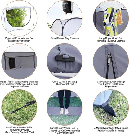 Extra-Large Pop-Up Shower Tent for Camping Privacy, Portable Changing Room Shelter 4'x4'x78"