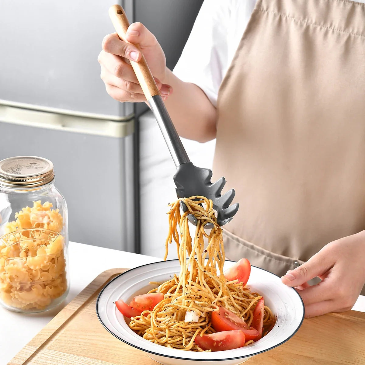 8Pcs Silicone Kitchenware Set Non-Stick Wooden Handle