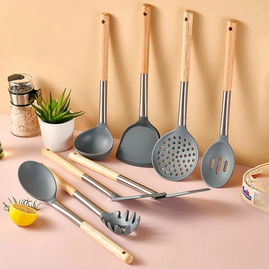 8Pcs Silicone Kitchenware Set Non-Stick Wooden Handle