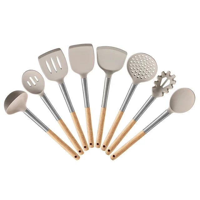 8Pcs Silicone Kitchenware Set Non-Stick Wooden Handle