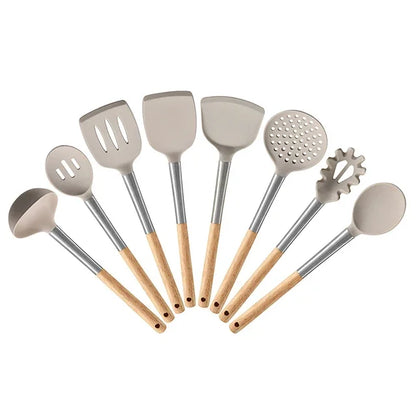 8Pcs Silicone Kitchenware Set Non-Stick Wooden Handle