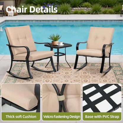 SUNCROWN Outdoor 3-Piece Rocking Chairs Patio Bistro Set Black Steel Furniture with Thickened Cushion and Glass-Top Coffee Tabl