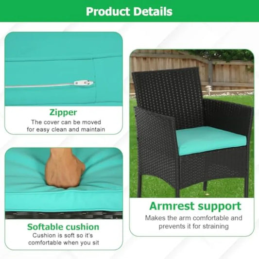 FDW 3 Piece Outdoor Furniture Set Patio Wicker Chairs Furniture Bistro Conversation Set 2 Rattan Chairs with Blue Cushions and