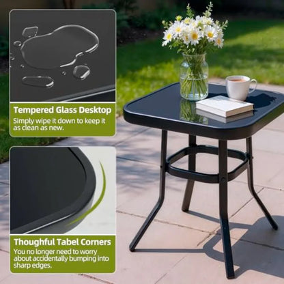 SUNCROWN Outdoor 3-Piece Rocking Chairs Patio Bistro Set Black Steel Furniture with Thickened Cushion and Glass-Top Coffee Tabl